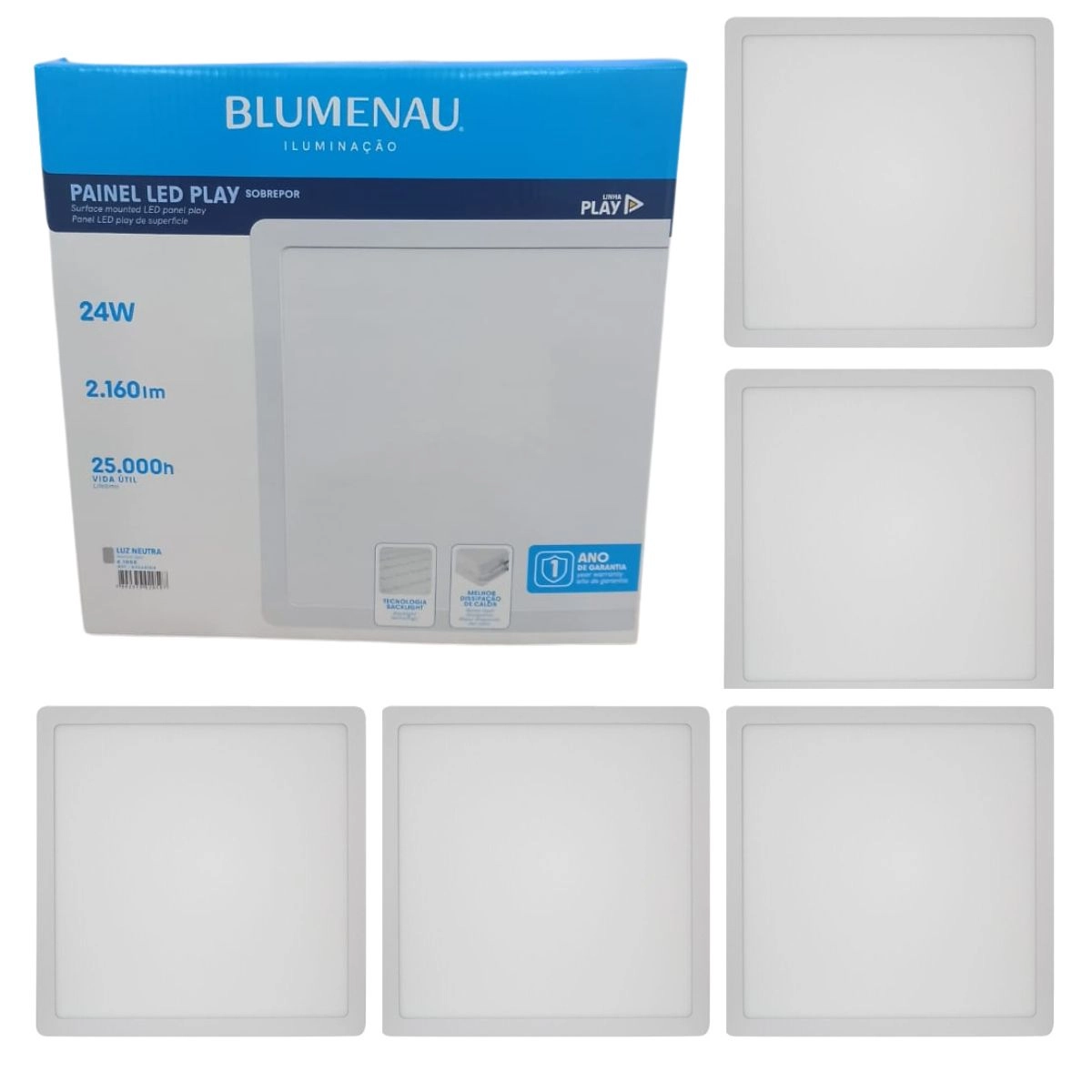 Kit 5 Painel Plafon Quadrado 28x28 Sobrepor Branco 24w Luz Neutra Blumenau Iluminação