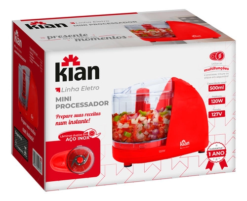 Mini Processador Elétrico 500ml Vermelho Kian Mini Processador Elétrico 500ml Vermelho Kian