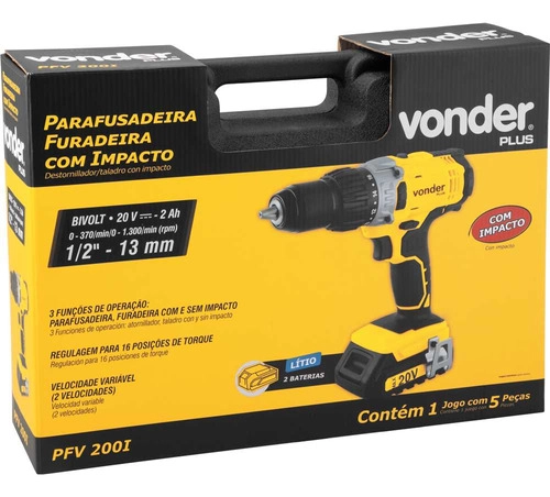 Parafusadeira/furadeira com impacto a bateria 20V fonte de carregamento bivolt automática PFV200I VONDER PLUS Parafusadeira/furadeira com impacto a bateria 20V fonte de carregamento bivolt automática PFV200I VONDER PLUS