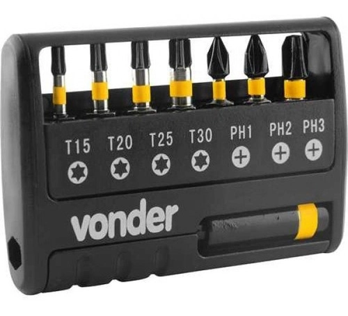 Jogo de bits/ponteiras de impacto S2 com 9 peças encaixe sextavado 1/4" VONDER