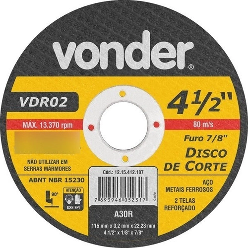 Kit 25 Discos De Corte 115x3,2x22,23mm Grão:g30 Vdr02 Vonder