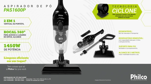Aspirador de Pó Vertical 2 em 1 1450W PAS1600P Philco  Aspirador de Pó Vertical 2 em 1 1450W PAS1600P Philco