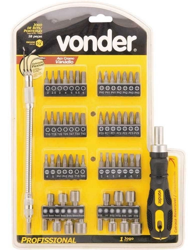 Jogo de bits/ponteiras com 58 peças encaixe sextavado 1/4" VONDER