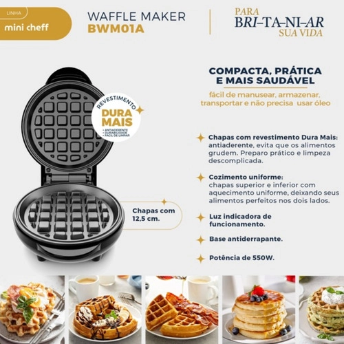 Mini Waffle Maker BWM01A Chapas Antiaderentes 127v Britânia Mini Waffle Maker BWM01A Chapas Antiaderentes 127v Britânia