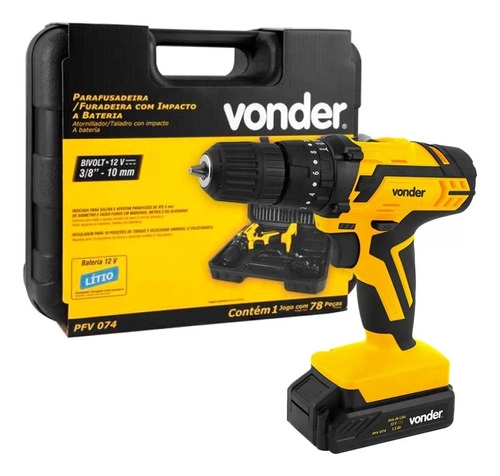 Parafusadeira/Furadeira 12V c/ Impacto Vonder com 74 Peças PFV074 Bivolt Parafusadeira/Furadeira 12V c/ Impacto Vonder com 74 Peças PFV074 Bivolt