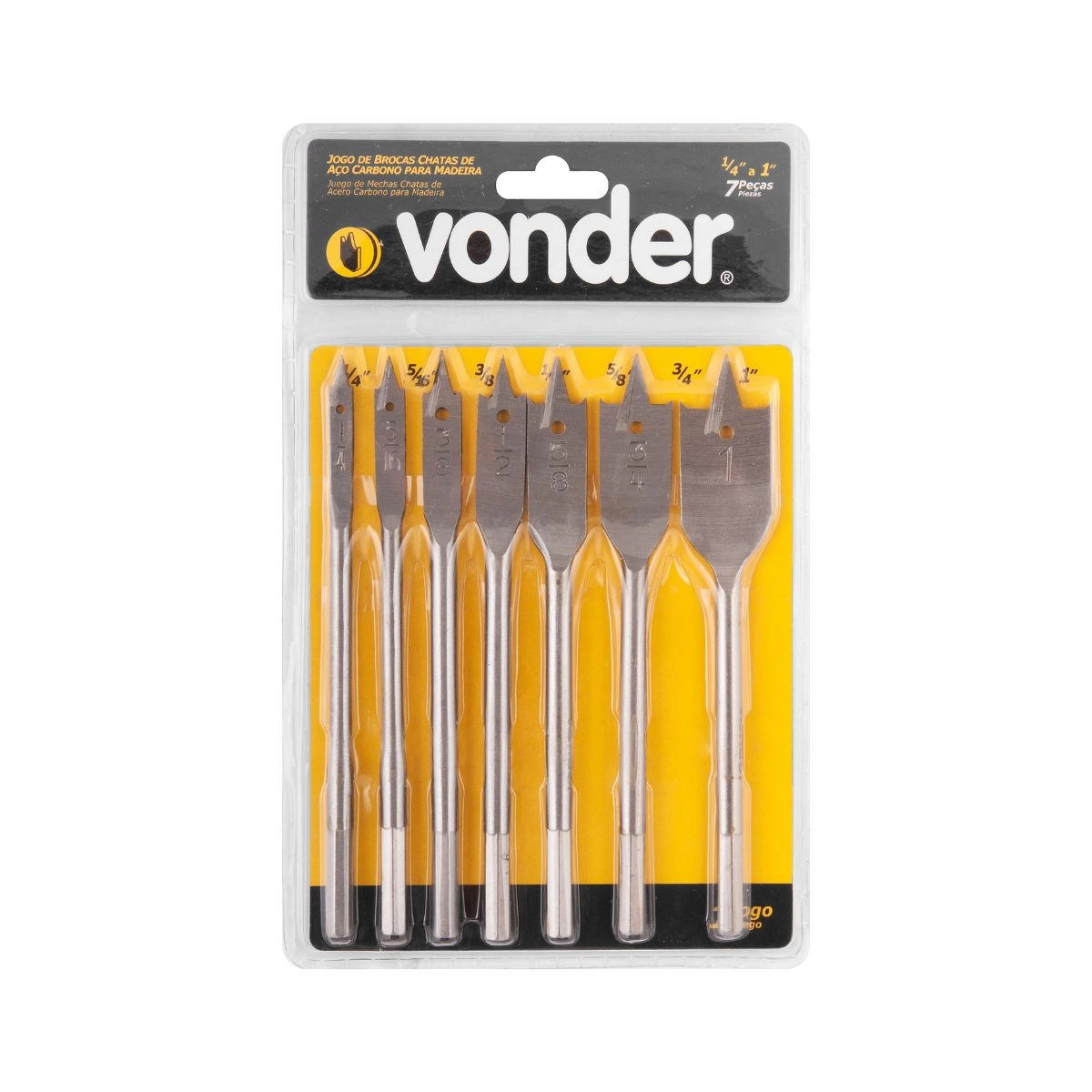 Jogo de brocas chatas com 7 peças de 1/4" a 1" VONDER Jogo de brocas chatas com 7 peças de 1/4" a 1" VONDER