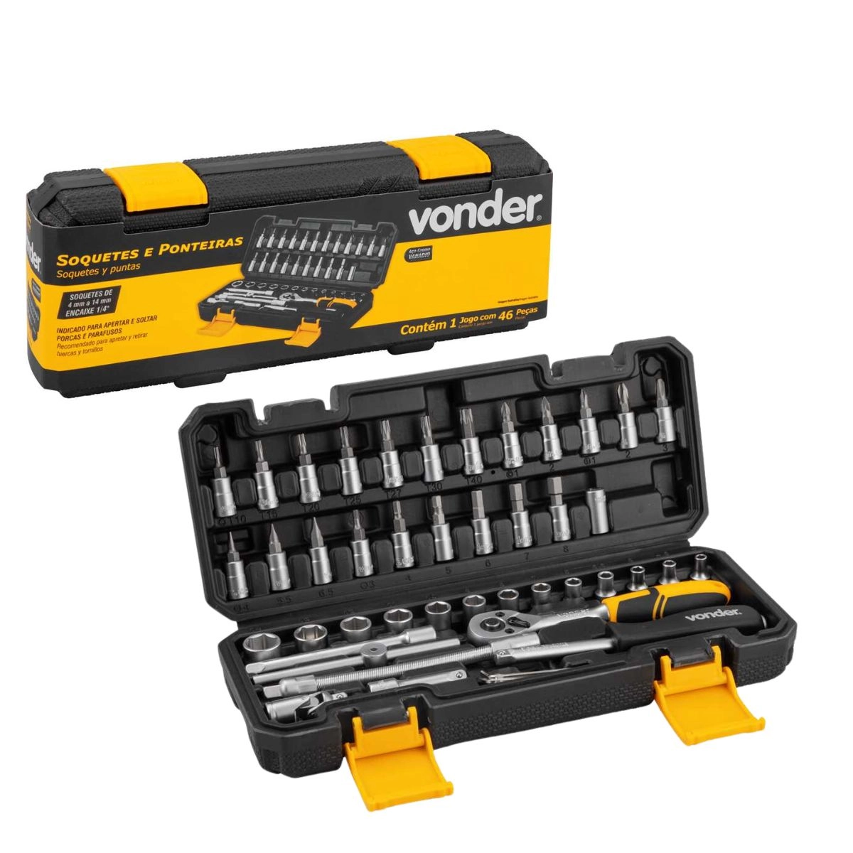 Jogo de soquetes sextavados ponteiras c/catraca 46pçs VONDER