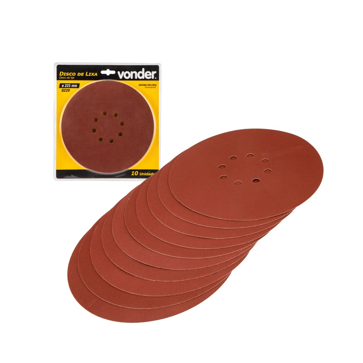 Discos de lixa 225mm 10un grão 220 para lixadeiras VONDER 