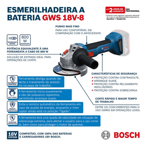Esmerilhadeira angular a bateria 18V GWS18V8 BOSCH