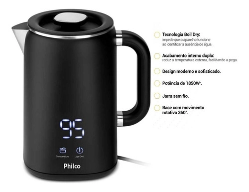 Chaleira Elétrica 1,8L Painel Digital PCH18B PHILCO Chaleira Elétrica 1,8L Painel Digital PCH18B PHILCO