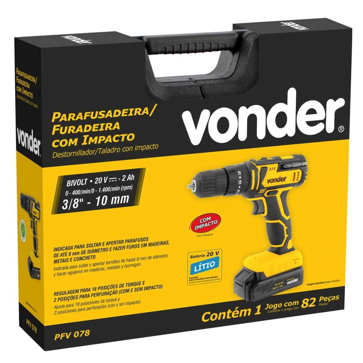 Parafusadeira/furadeira c/impacto 20V 78pçs PFV078 VONDER Parafusadeira/furadeira c/impacto 20V 78pçs PFV078 VONDER
