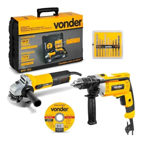 Conjunto Esmerilhadeira 4.1/2" 750w + Furadeira 1/2" 710w com jogo de brocas, disco e Maleta EFV751 Vonder - 110v