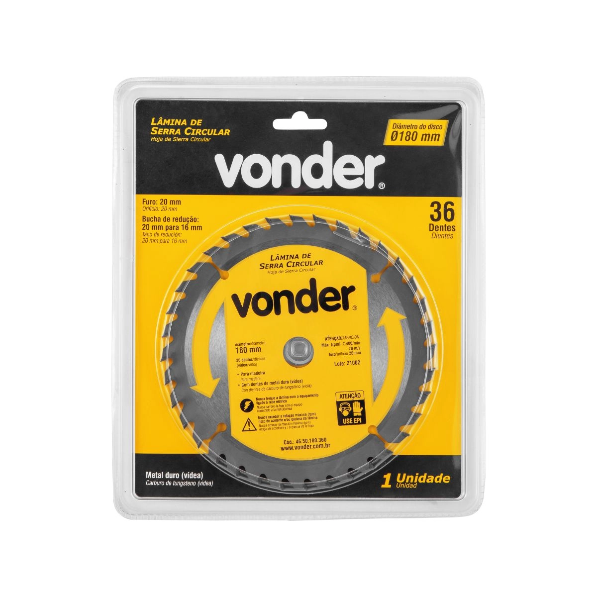 Lâmina serra circular com 36 dentes metal duro/vídea VONDER 
