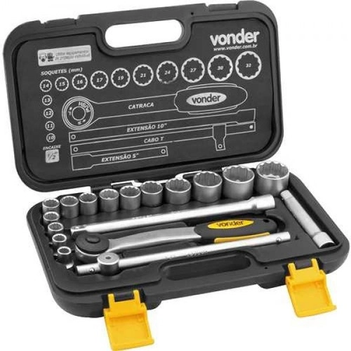 Jogo de soquetes estriados encaixe 1/2" 10mm a 32mm com 18 peças VONDER