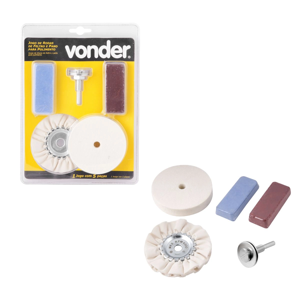 Jogo de rodas de feltro e pano p/ polimento c/ pasta VONDER 