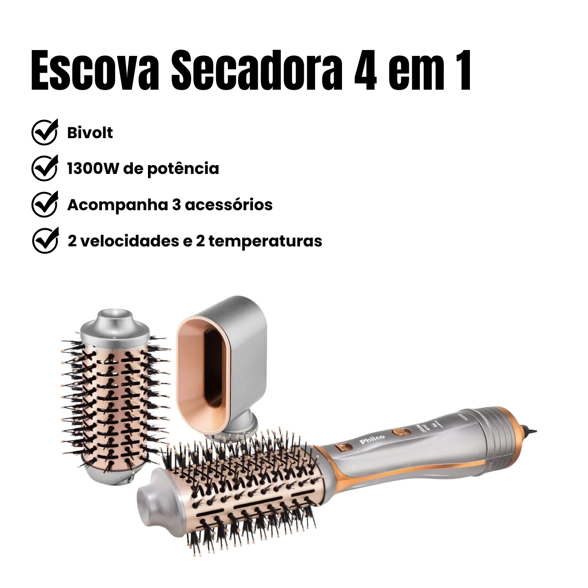 Kit Escova Secadora PES19SG 1300w e Prancha Chapinha PPR10 Rose Bivolt Philco
