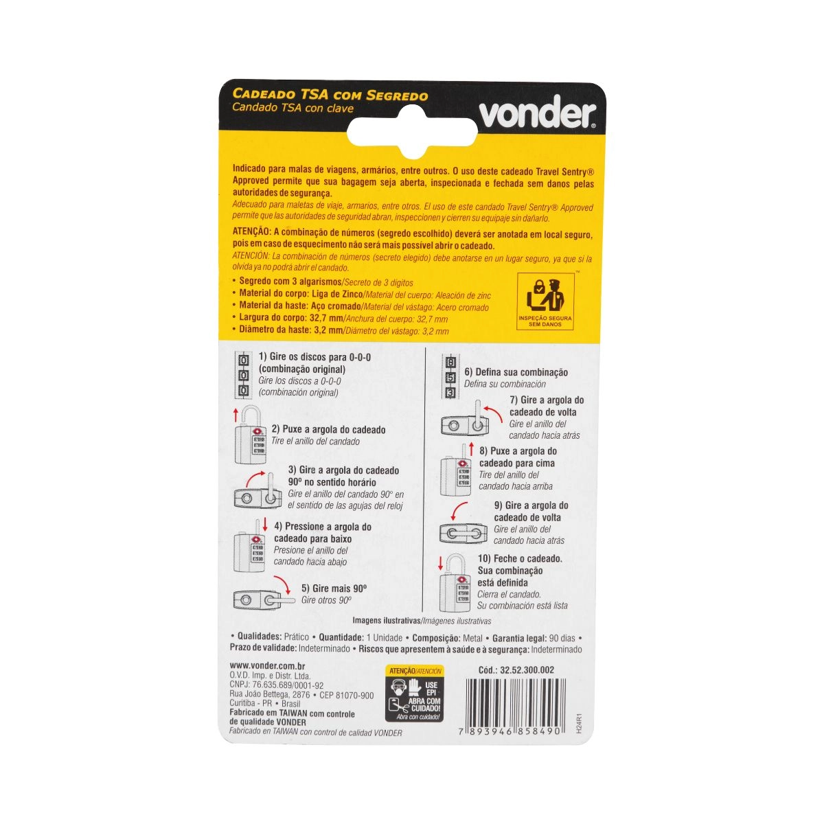 Cadeado TSA com segredo 3 algarismos prata VONDER Cadeado TSA com segredo 3 algarismos prata VONDER