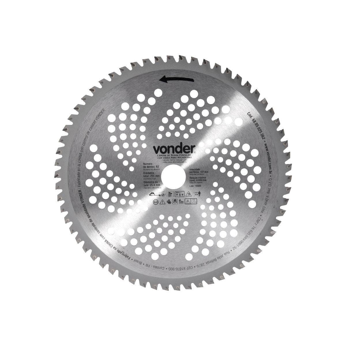 Lâmina circular com vídea 255mmx25,4mm 62 dentes VONDER Lâmina circular com vídea 255mmx25,4mm 62 dentes VONDER