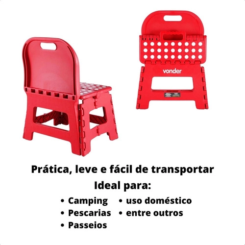 Banqueta plástica dobrável vermelha altura 220 mm com encosto VONDER