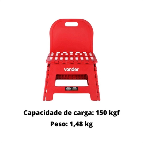 Banqueta plástica dobrável vermelha altura 220 mm com encosto VONDER