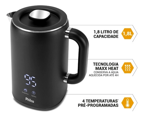 Chaleira Elétrica 1,8L Painel Digital PCH18B PHILCO Chaleira Elétrica 1,8L Painel Digital PCH18B PHILCO