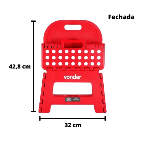 Banqueta plástica dobrável vermelha altura 220 mm com encosto VONDER