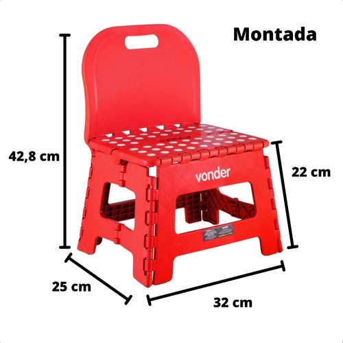 Banqueta plástica dobrável vermelha altura 220 mm com encosto VONDER