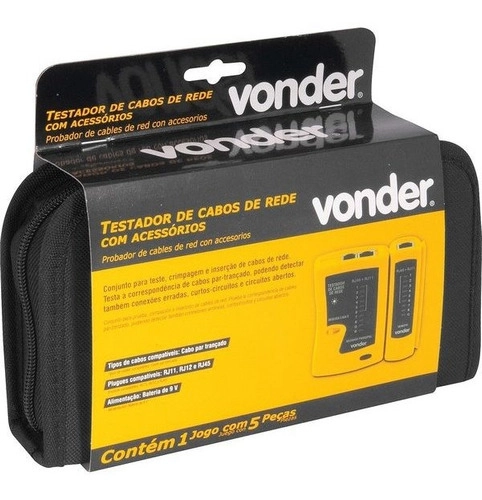 Testador de cabos de rede RJ11, RJ12, RJ45, com acessórios e Estojo Vonder Testador de cabos de rede RJ11, RJ12, RJ45, com acessórios e Estojo Vonder