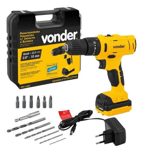 Parafusadeira/furadeira com impacto a bateria 12V fonte bivolt automática PFV120I VONDER Parafusadeira/furadeira com impacto a bateria 12V fonte bivolt automática PFV120I VONDER