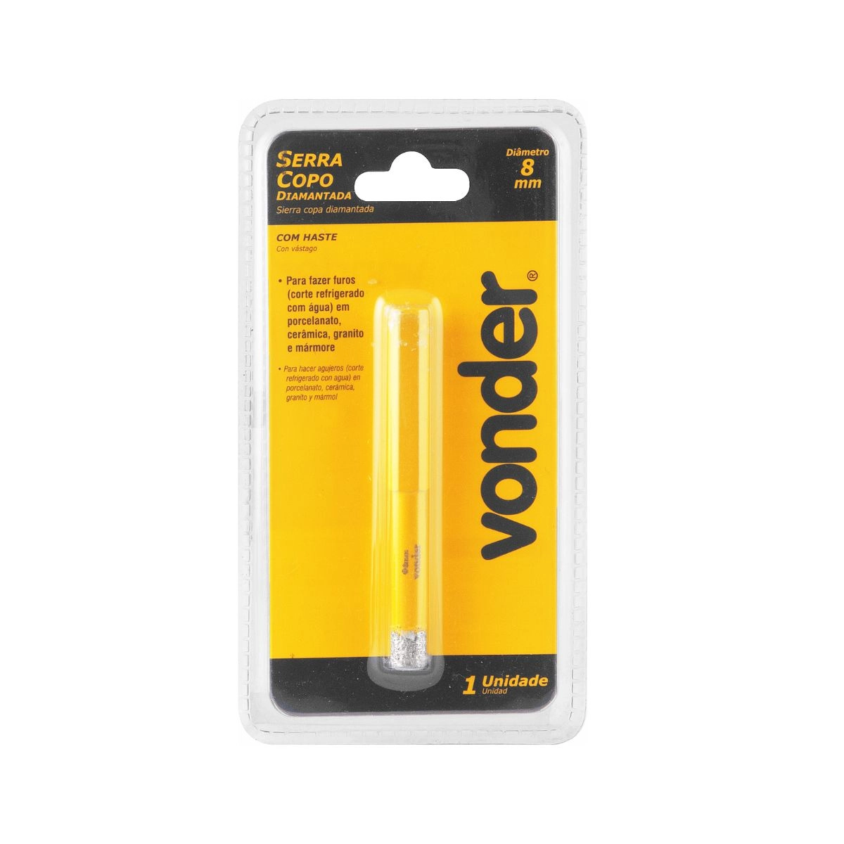 Serra copo diamantada 8mm refrigerada com haste VONDER Serra copo diamantada 8mm refrigerada com haste VONDER
