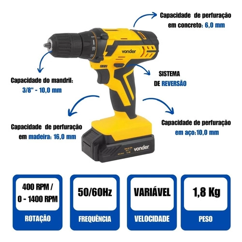 Parafusadeira/Furadeira 12V c/ Impacto Vonder com 74 Peças PFV074 Bivolt Parafusadeira/Furadeira 12V c/ Impacto Vonder com 74 Peças PFV074 Bivolt