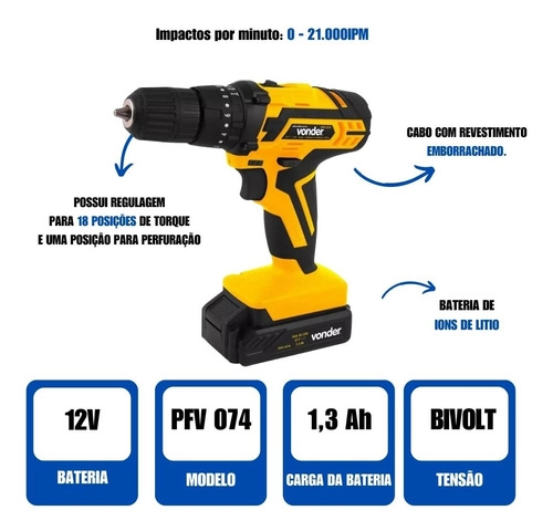 Parafusadeira/Furadeira 12V c/ Impacto Vonder com 74 Peças PFV074 Bivolt Parafusadeira/Furadeira 12V c/ Impacto Vonder com 74 Peças PFV074 Bivolt