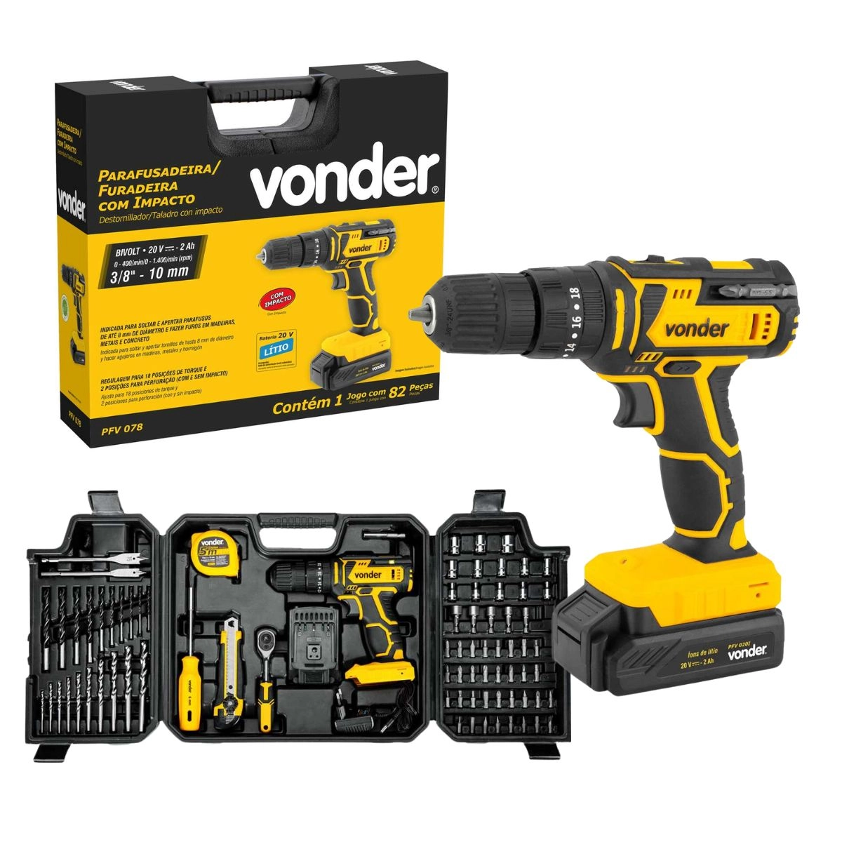 Parafusadeira/furadeira c/impacto 20V 78pçs PFV078 VONDER Parafusadeira/furadeira c/impacto 20V 78pçs PFV078 VONDER