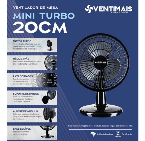 Ventilador Mini Turbo 20CM PRETO/ PRATA Ventimais