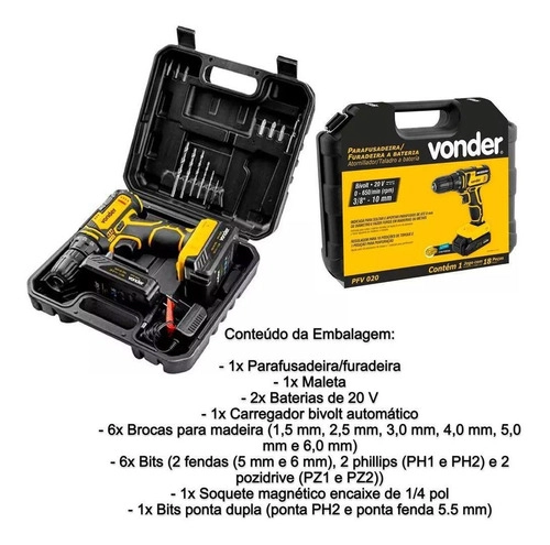 Parafusadeira/furadeira com impacto a bateria 20V carregador bivolt automático PFV020I VONDER Parafusadeira/furadeira com impacto a bateria 20V carregador bivolt automático PFV020I VONDER