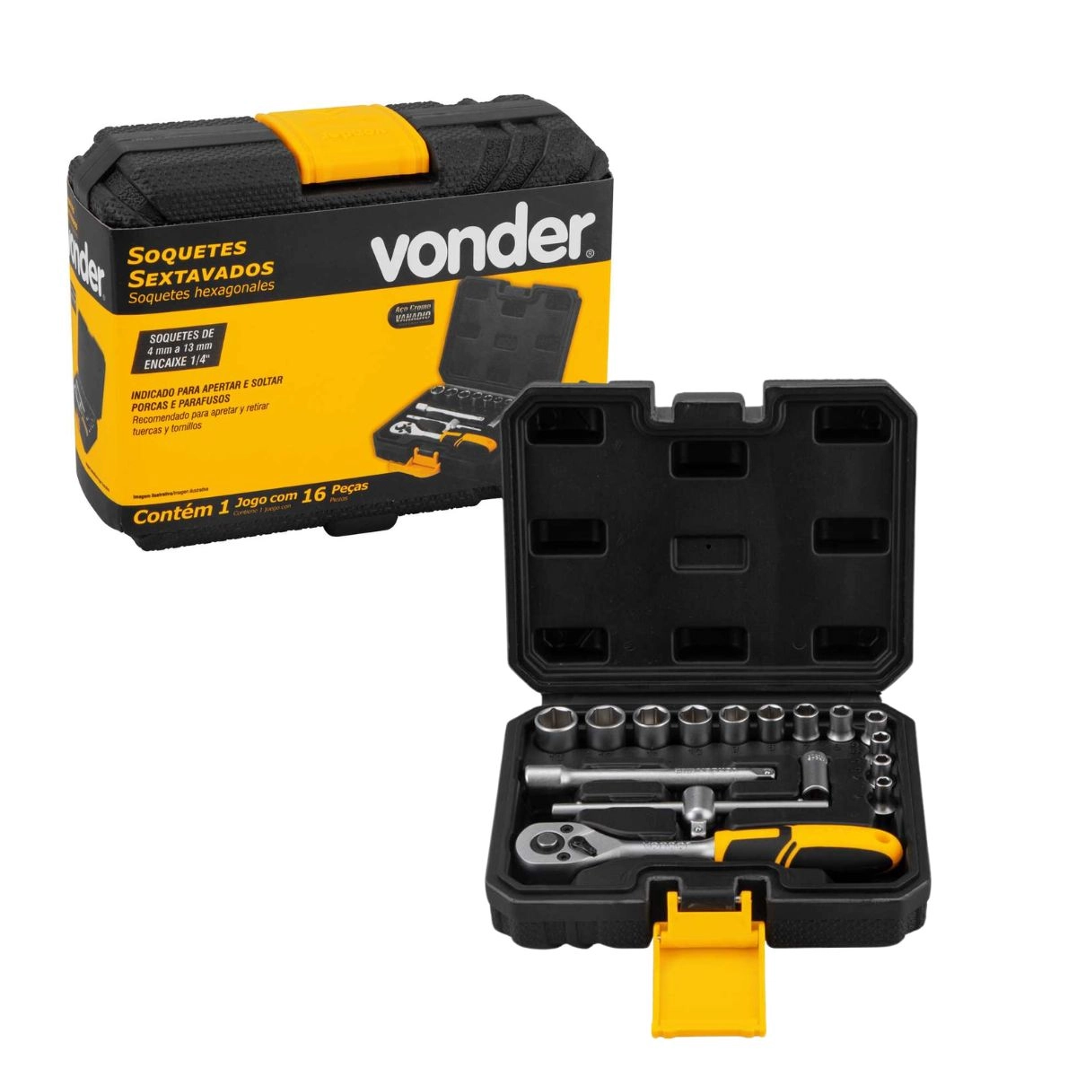 Jogo de soquetes sextavados c/encaixe e catraca 16pçs VONDER