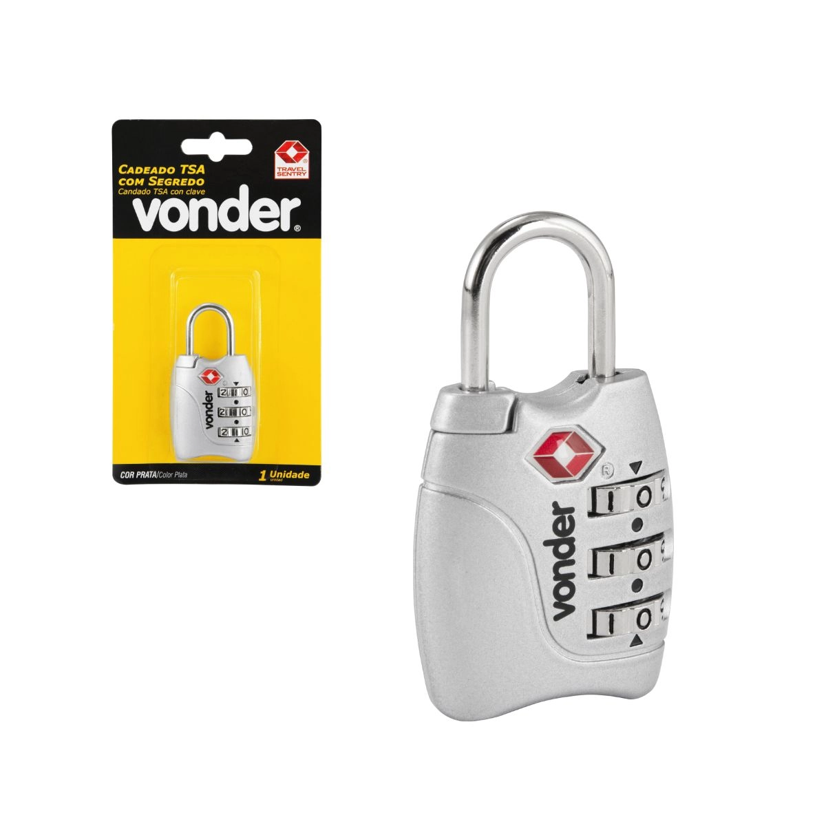 Cadeado TSA com segredo 3 algarismos prata VONDER Cadeado TSA com segredo 3 algarismos prata VONDER