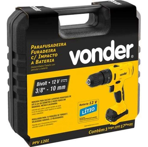 Parafusadeira/furadeira com impacto a bateria 12V fonte bivolt automática PFV120I VONDER Parafusadeira/furadeira com impacto a bateria 12V fonte bivolt automática PFV120I VONDER