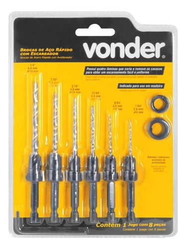 Jogo de brocas de aço rápido com escareador com 8 pç VONDER 