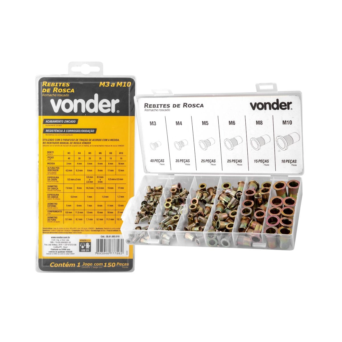 Kit Rebitador Manual RR310 +Jogo rebites rosca 150pçs VONDER