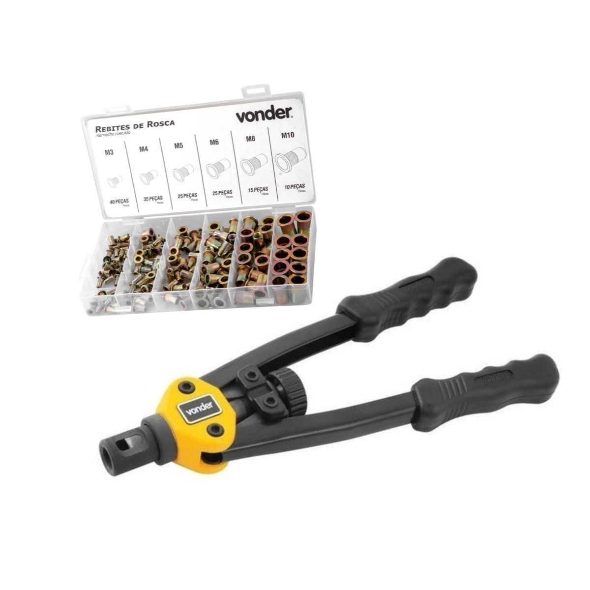 Kit Rebitador Manual RR310 +Jogo rebites rosca 150pçs VONDER